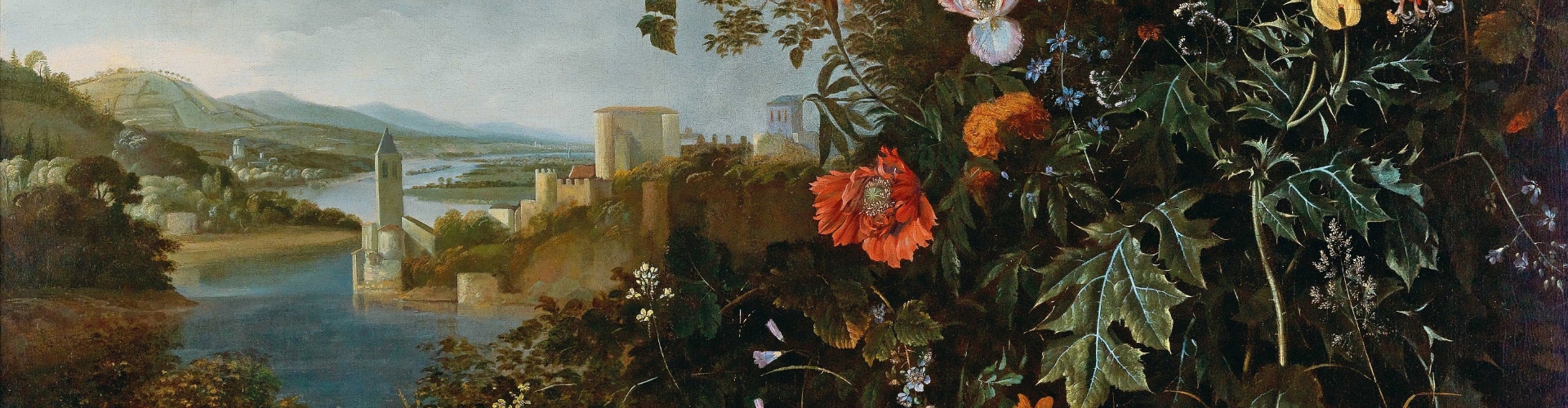 Schilderij met zicht op stad en planten
