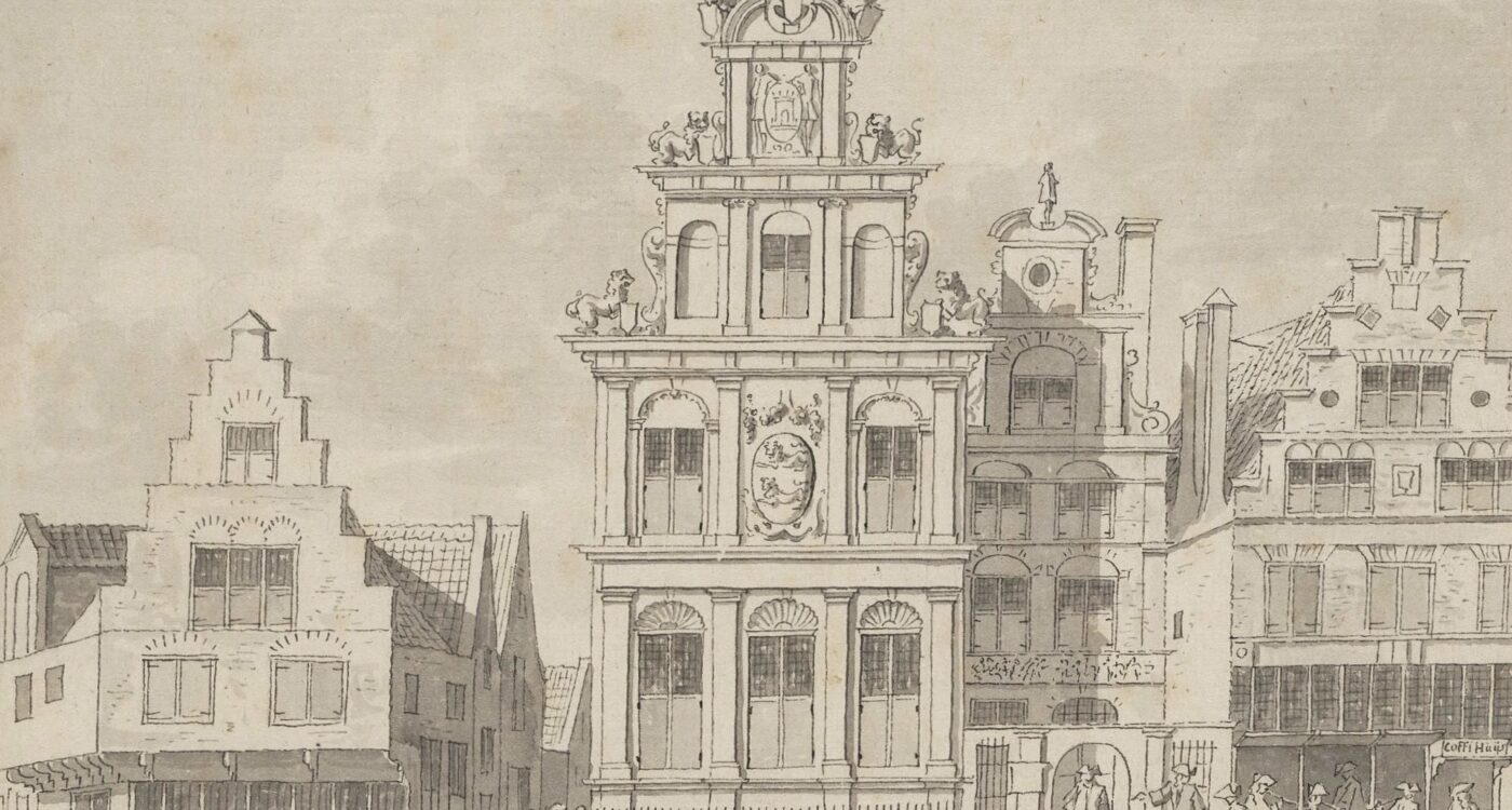 Prent met daarop het Statencollege gemaakt door Cornelis Pronk in 1727