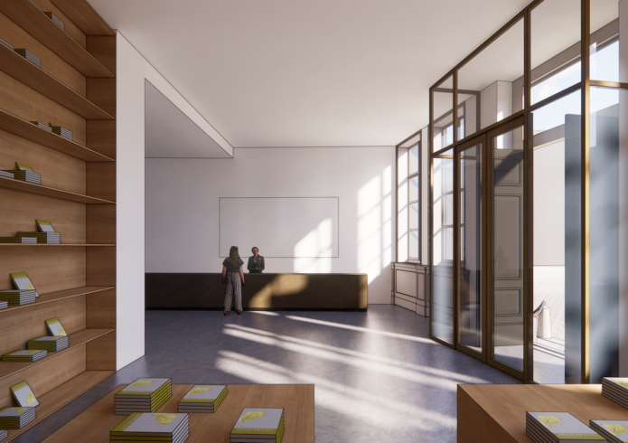 Vergroot de foto: Impressie nieuwe museum met entree, museumbalie en deel museumwinkel