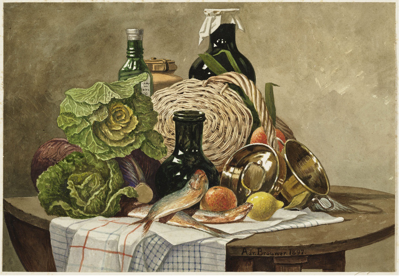 stilleven van groenten, fruit en keukenattributen