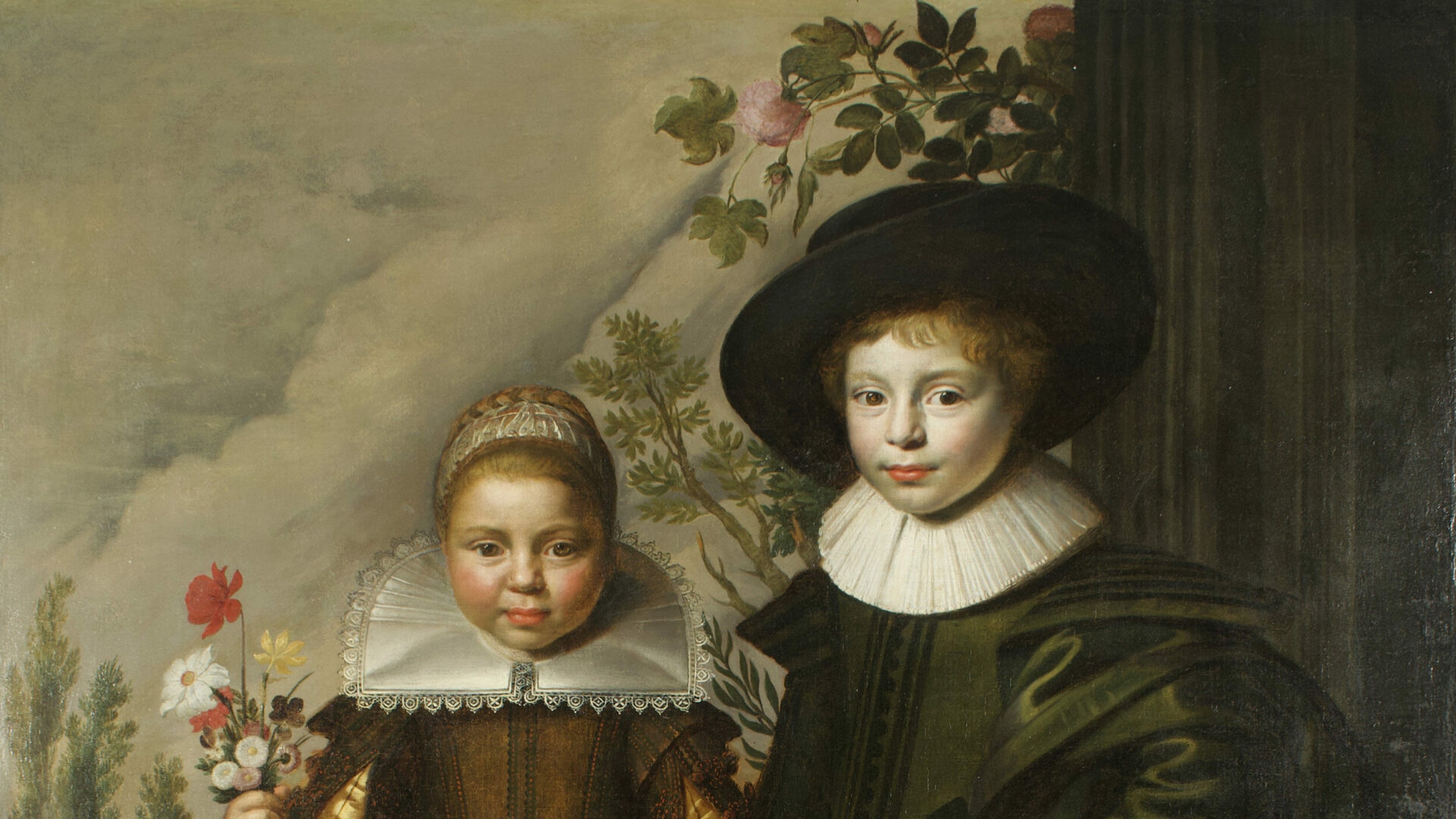 Geschilderd portret van 2 kinderen in natuur