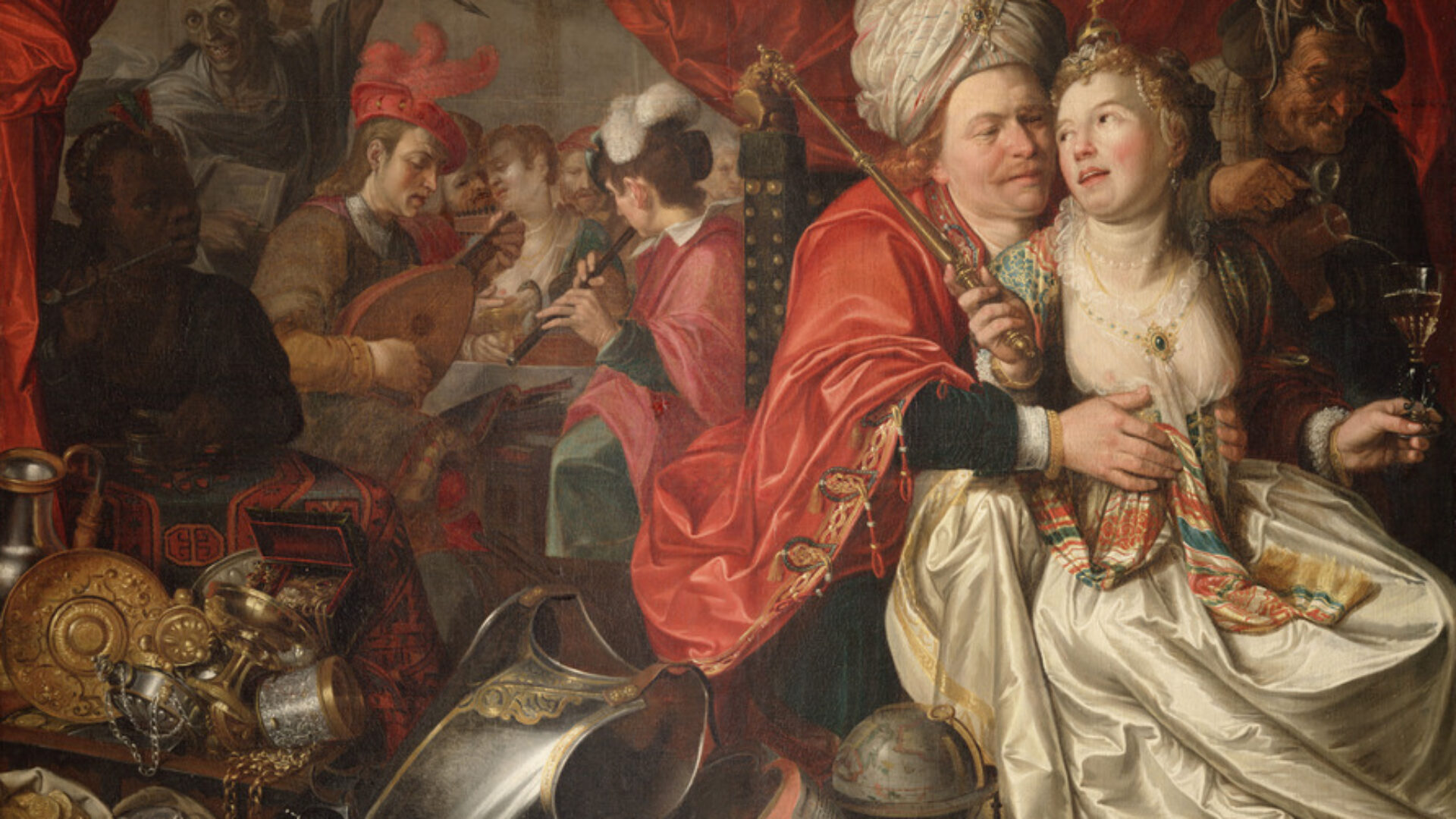 Schilderij van man en vrouw met feestende personen erachter