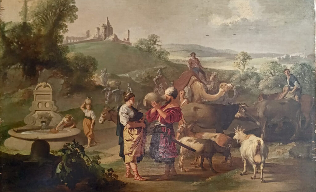 Schilderij met mensen en dieren naast fontein