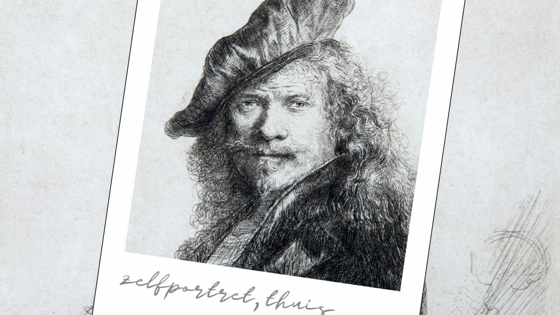 polaroid met geëtst zelfportret van rembrandt daarin