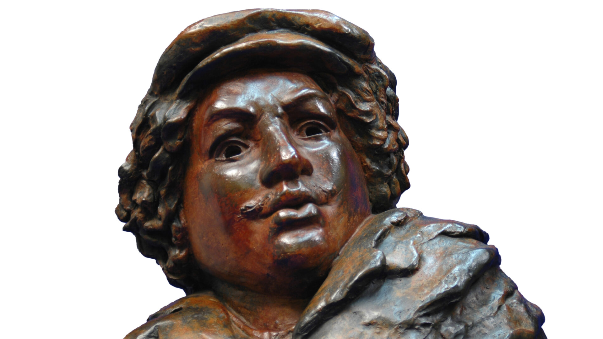 Bronzen beeld van man met pet en snor