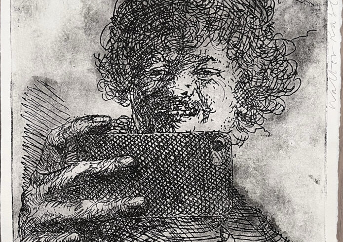 Ets met Rembrandt die selfie maakt met camera