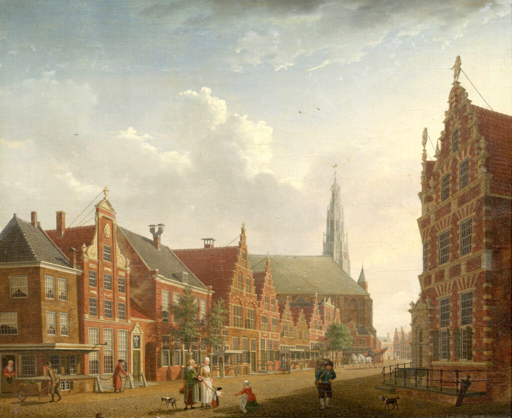 Schilderij van een straat met statige gebouwen en in de verte een kerk